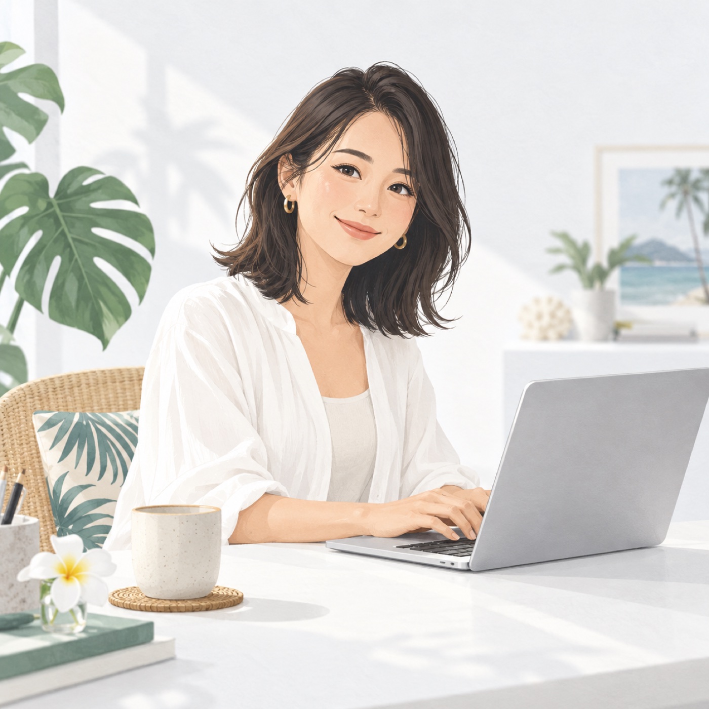 ノートパソコンで作業する、Kumu Noa代表をイメージした女性のイラスト